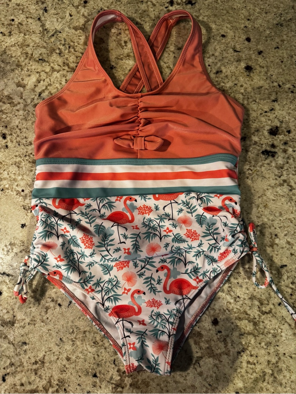 Kids Coral Flamingo One-Piece Swimsuit with Stripes